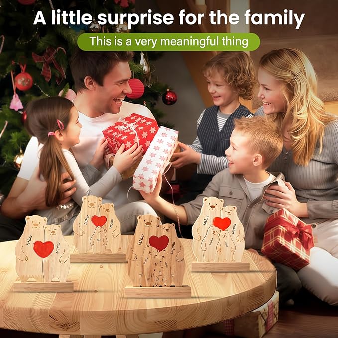 Personalized Wooden Bear Family Puzzle with 2-6 Names - Custom Heart Art Figurine for Mom Grandma Dad - Rustic Home Decor Statue Gift for Birthday Christmas Housewarming Anniversary