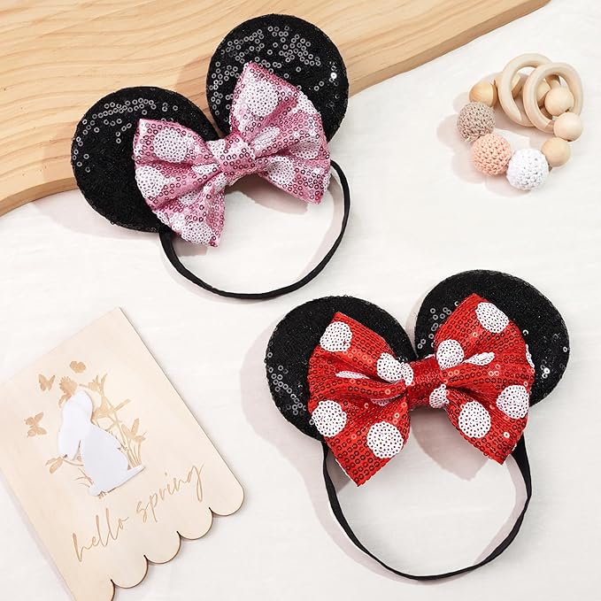 3 PCS Mouse Ears Sequin Bow Nylon Hairband with Polka Dot Cute Baby Headbands Soft Hairbands Hair Accessories for Newborn Infant Toddler