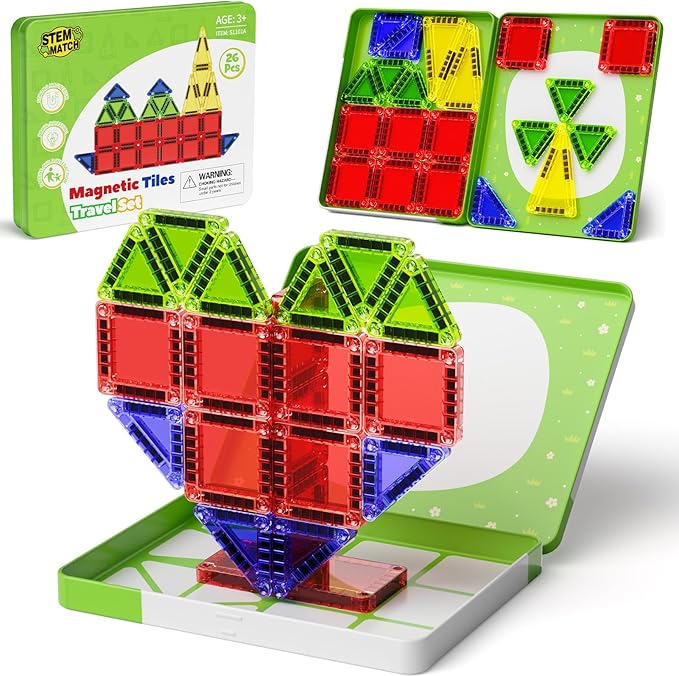 Mini Magnetic Tiles Travel Set, 26PCS Compact Magnetic Building Blocks for Kids Ages 4-8 & Toddlers 1-3, Airplane Toys with Visual Storage Guide & Metal Box
