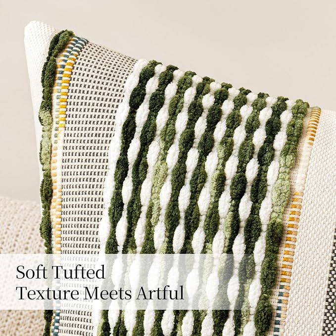 ANRODUO Boho Decorative Pillow Covers Olive Green Stripe 22x22 Pack of 2 | Euro Throw Pillow Covers, Farmhouse Cushion Case, Chenille Pillow Cases, Pillow Covers, Neutral Pillowcase for Sofa Couch Bed