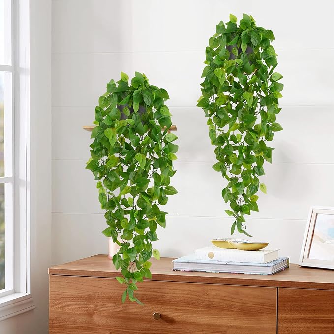 Waipfaru Fake Hanging Plants, 2Pcs Artificial Potted Plant Pothos | Faux Ivy Vines Greenery for Wall Home Bedroom Living Room Aesthetic Kitchen Office Aesthetic Kitchen Indoor Outdoor Decor