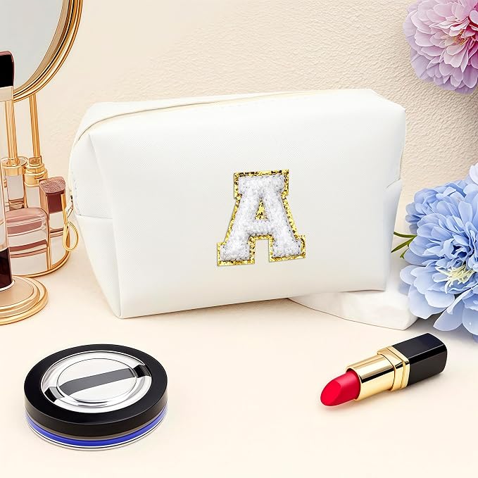 URSKYTOUS Gifts for Girls Initial Makeup Bag Personalized Cosmetic Bag with Zipper Cute Travel Toiletry Bags Waterproof PU Preppy Makeup Pouch Birthday Gift for Teen Girls Women(White A)