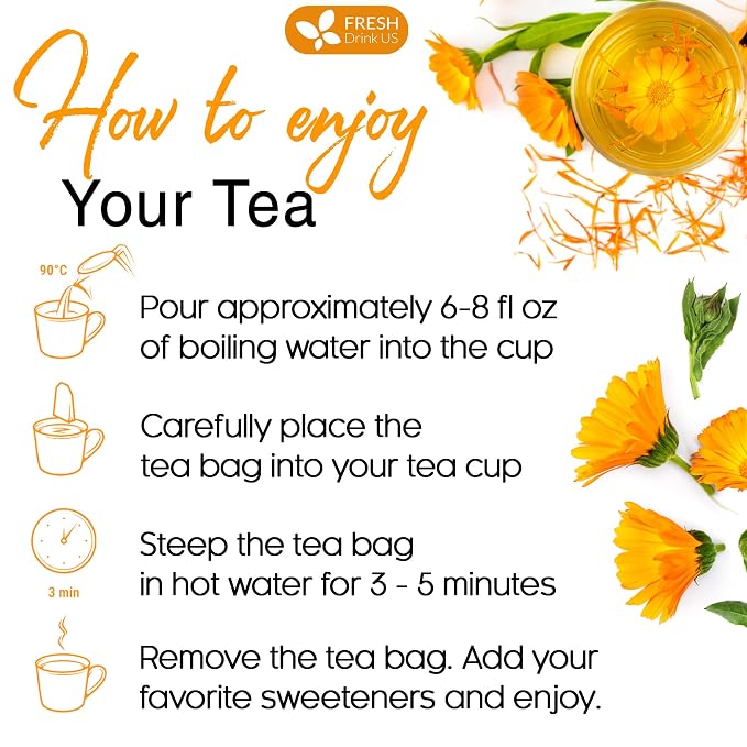 FreshDrinkUS, Premium 55 Calendula Tea Bags, 100% Natural and Pure Calendula Flowers, Eco-conscious Tea Bags. Herbal Tea. No Sugar, No Caffeine, No Gluten, Vegan.