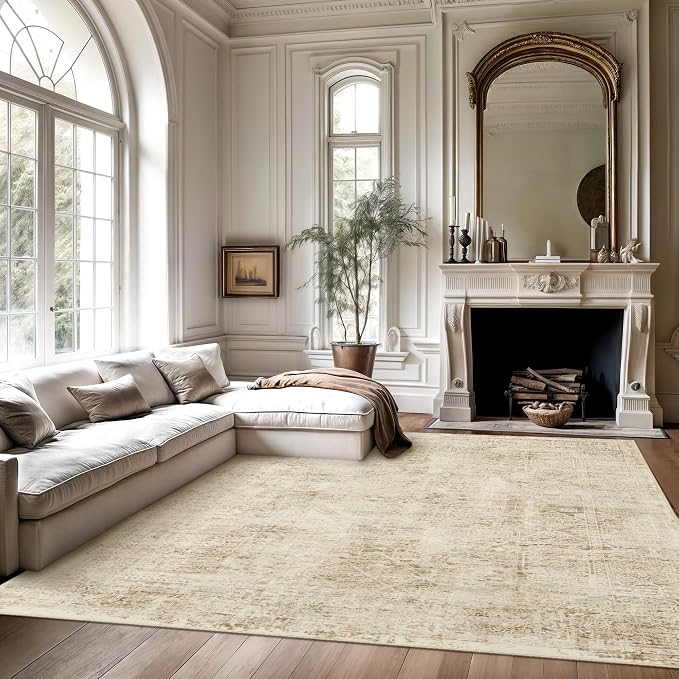 Soalmost Washable Area Rug 8x10 Large Soft Living Room Rugs Light Brown | Farmhouse Vintage Carpet Non-Slip for Dining Bedroom, Stain Resistant Low Pile Foldable Thin Floor Mat Under Table Home Decor