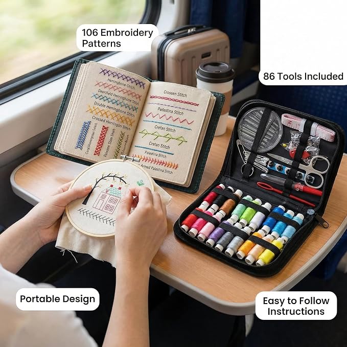Embroidery Stitch Book & Complete Kit for Beginners, Embroidery Hoop with 86 Tools 65 Water-Soluble Patterns 106 Stitches Guides, Portable Craft Set for Adults DIY Lovers
