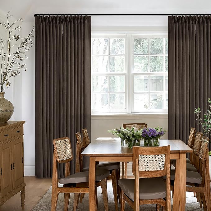 Dark Chocolate 90 Inch Pinch Pleated Semi Sheer Linen Curtains 2 Panels | for Living Room Bedroom, Memory Training Shaped, Light Filtering, Pinch Pleat Drapes with Hooks Rings, Window Curtains 40x90