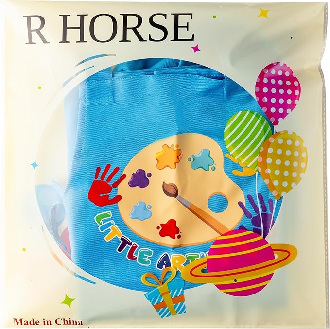 R HORSE Kid Apron and Chef Hat Set 2Pcs Adjustable Children Blue Artist Kitchen Apron, Dress up Role Play Chef Toy Cooking Baking Painting and Training Kits Funny Birthday Christmas Gift for Kids