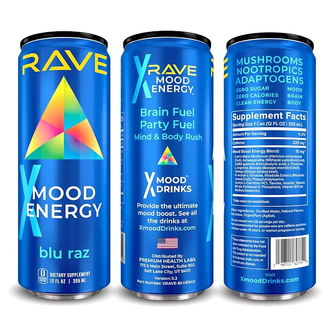 RAVE Mood Energy Drink is Mind Blowingly Different. With Mood-Boosting Functional Mushrooms, Nootropics, Adaptogens & B Vitamins. Experience Mind & Body Rush! 225mg Caffeine - Electrolytes - Zero Calories - 6 Delicious Flavors - 12 fl oz – 12 Pack