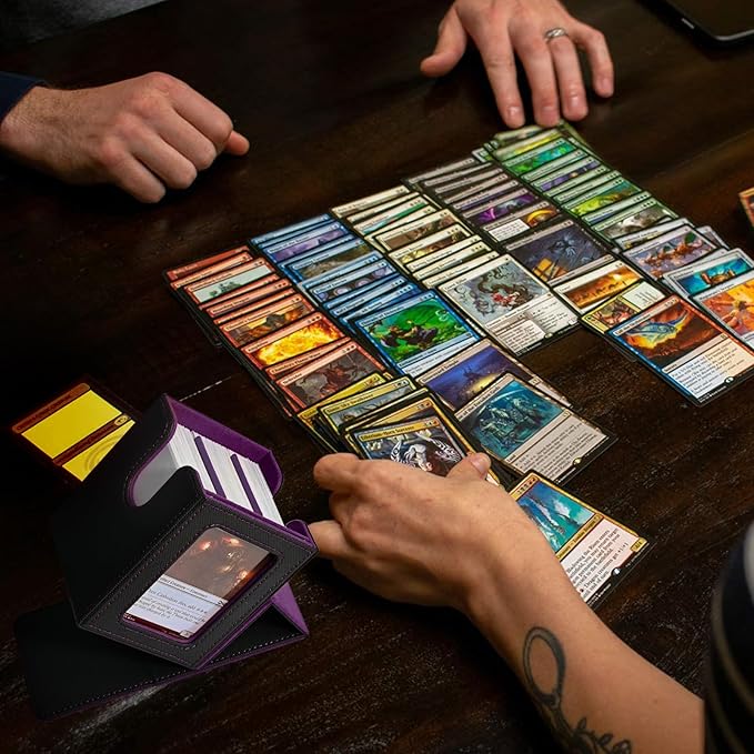 UAONO Card Deck Box with MTG Commander Display, Deck Case Holds 100+ Double-Sleeved Cards, Trading Card Storage Box Fits TCG/PTCG/Sports Card with 2 Dividers, 1 Top Loaders (Black, Purple)