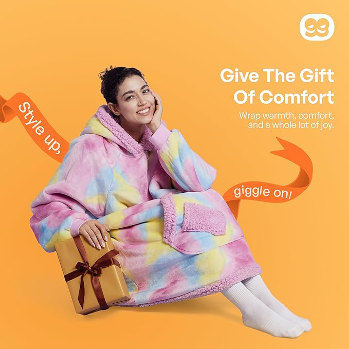 Giggling Getup Wearable Blanket Hoodie for Adults Gifts for Teen Girls Sister Women Sherpa Fleece Printed Hooded Blanket Sweatshirt Warm Cozy with Pocket & Sleeves Cotton Candy Tie Dye
