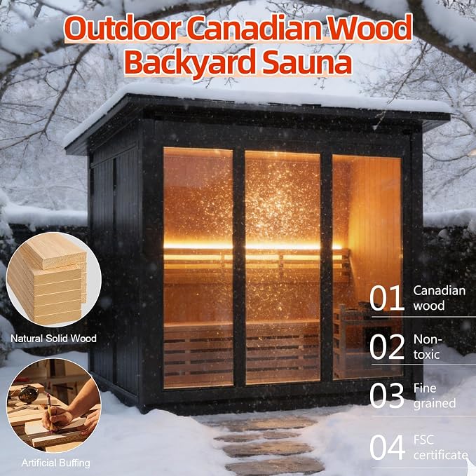 Outdoor Steam Sauna 3 Person, Canadian Hemlock Sauna Room with 6KW ETL Toule Heater, Traditional Backyard Sauna Spa with Asphalt Shingles, Luxury Sauna Accessories for Home & Garden