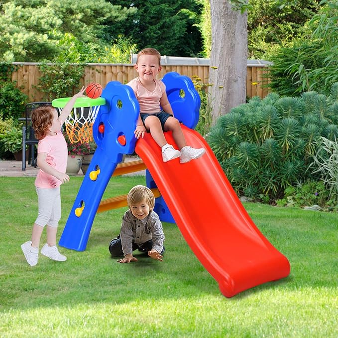 KOTEK Folding Toddler Slide for Indoor and Outdoor, Freestanding Plastic Baby Slide Climber Playset, Easy to Store, Anti-Slip Steps, Kids Playground Toy Ages 3-5 (Blue with Basketball Hoop)