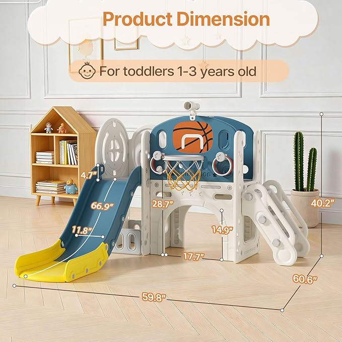 BIERUM 9 in 1 Toddler Slide, Kid Slide for Toddlers Age 1-3 with Ring Toss, Basketball Hoop, and Telescope, Indoor Outdoor Playset Playground Blue Yellow