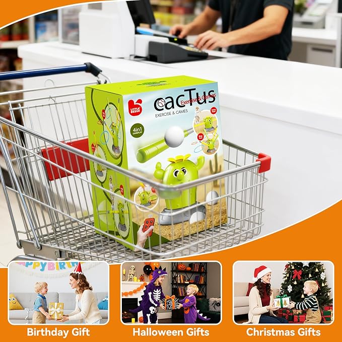 Cactus 4 in 1 Musical Jumping Toys, Toss Ring Game and Stomping Rocket Launcher for Kids Age 3-8, Baseball Sport Toy for Indoor & Outdoor Birthday Gifts for Toddler Boys & Girls (Cactus-C)
