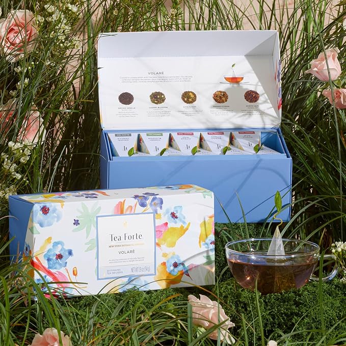 Tea Forte Premium Presentation Box Gift Set Sampler, 20 Count, Assorted Blends Individually Wrapped Handcrafted Pyramid Infuser Bags, Volare