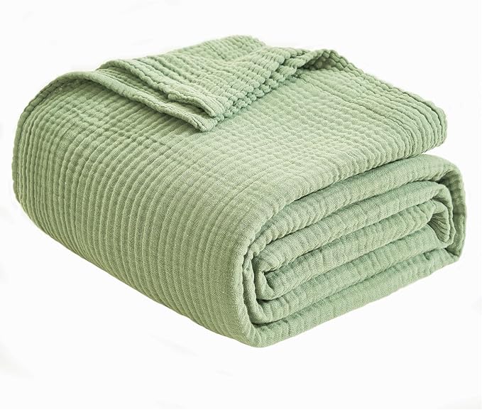 EMME Cotton Muslin King Blanket 4 Layer, Ultra Soft Breathable Bed Layering Bedspread Coverlet Breathable Gauze Lightweight (Sage Green, 108"x90")