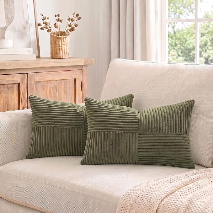 Fancy Homi 2 Packs Olive Green Lumbar Decorative Throw Pillow Covers 16x26 Inch for Living Room Couch Bed, Farmhouse Boho Home Decor, Soft Striped Corduroy Rectangle Accent Cushion Case 65x40 cm