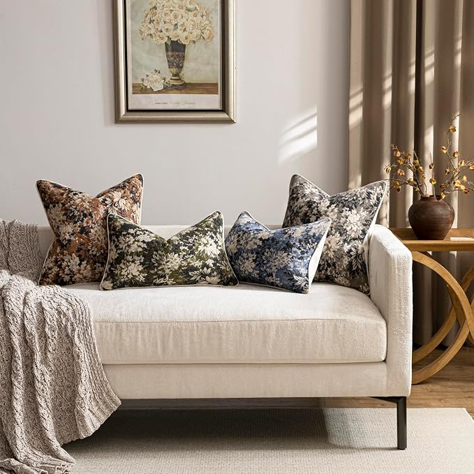 Pack of 2 Vintage Floral Throw Pillow Covers 18x18 Boho Farmhouse Accents Chenille Square Decorative Pillow Cases for Living Room Couch Bed Home Decor, Taupe
