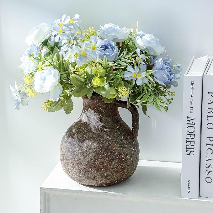 Ceramic Flower Rustic Vase, 7.1 Inch Farmhouse Rusty Vases for Home Decor Handcrafted Pottery Vase Small Terracotta Vases for Dining Table Decor Fireplace Living Room Bathroom Wedding Centerpiece