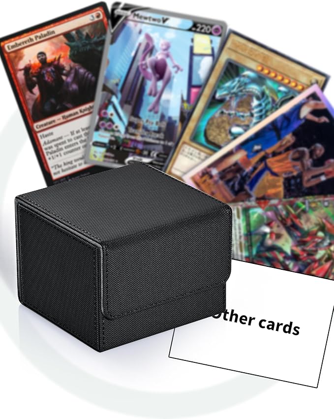 ZLCA Card Deck Box with 2 Dividers for MTG Cards, Large Horizontal Card Storage Box Fits 150+ Single Sleeved Cards, PU Leather Commander Deck Box for TCG CCG (Black)