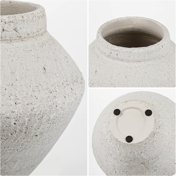 Briful Rustic Ceramic Vase Large Decorative Vase, 9'' Farmhouse Flower Vase | Vintage Texture Style Vase for Faux Floral, Table Centerpiece, Living Room, Shelf, Kitchen Counter, Entryway Decor, Beige