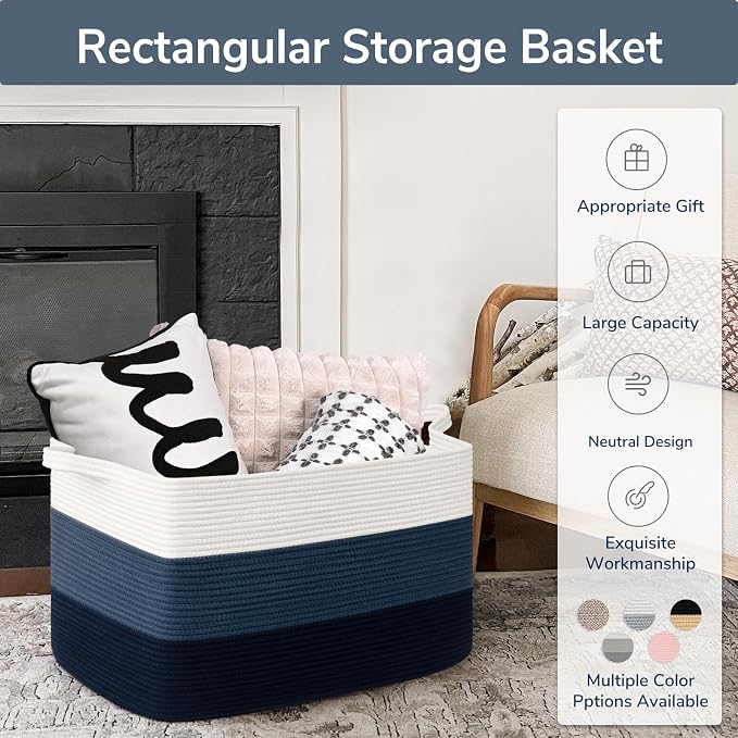 Goodpick 85L Large Blanket Basket 23.6" x 15.7" x 13.8" Cotton Rope Storage Baskets for Organizing, Rectangle Woven Baskets for Storage, Baby Toy Basket for Nursery Bedroom, Blue
