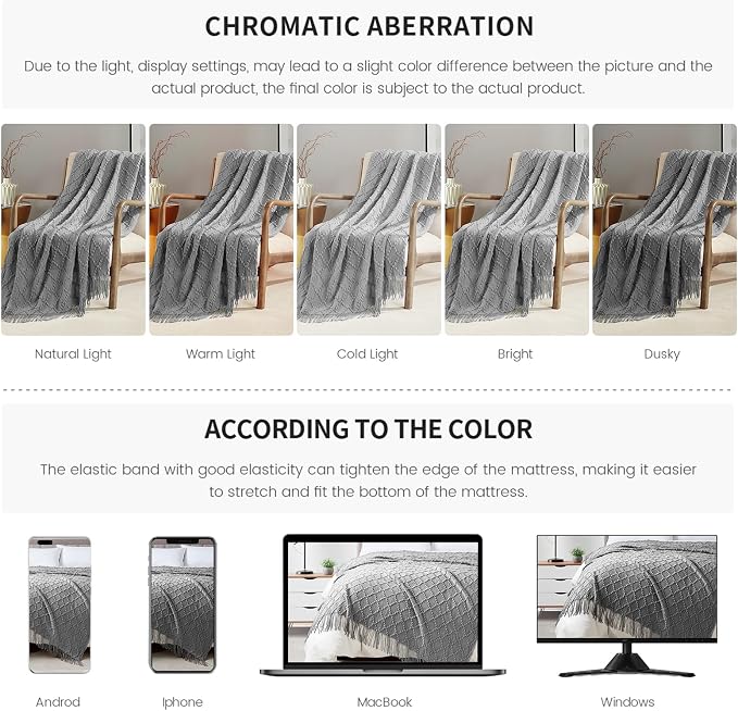 BOURINA Light Grey Throw Blanket 50 x70 Inch Jacquard Throw Knitted Blanket | Jacquard Argyle Throw Textured Solid Soft Throws and Blankets for Sofa or Bed Knitted Decorative Blanket