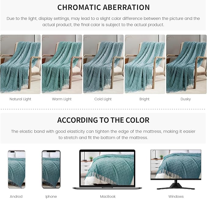 BOURINA Blue Throw Blanket 50 x70 Inch Jacquard Throw Knitted Blanket | Jacquard Argyle Throw Textured Solid Soft Throws and Blankets for Sofa or Bed Knitted Decorative Blanket