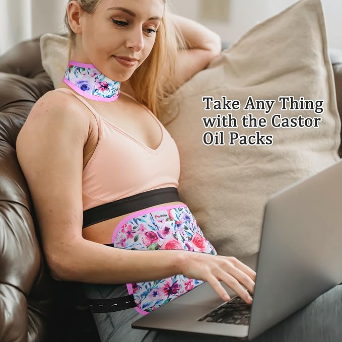 Reusable Castor Oil Pack Wrap for Liver Detox, Castor Oil Wrap for Stomach Less Mess, Elastic Strap Machine Washable Anti Oil Leak 2pcs,Flower