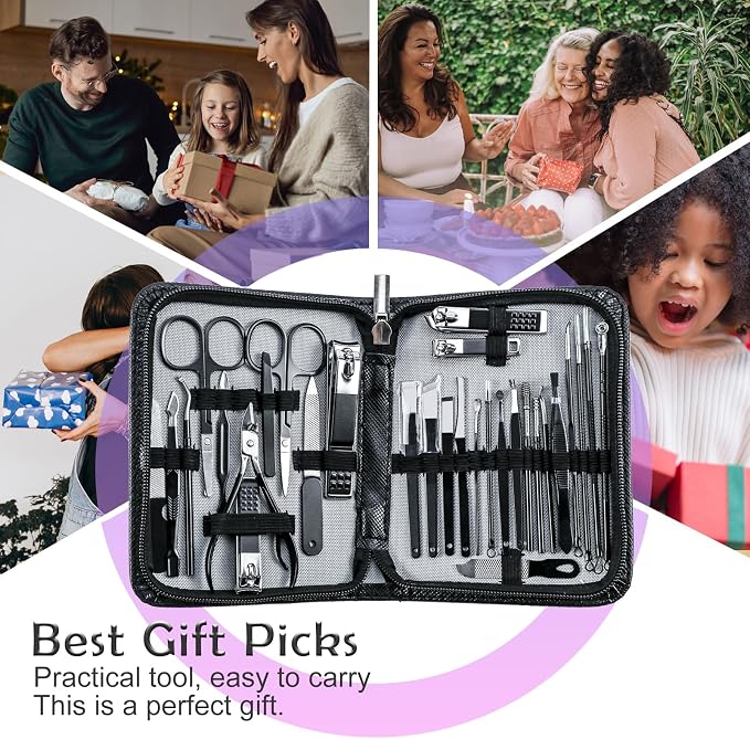 Manicure Pedicure Kit Professional 30pcs Complete Nail Care kit,fingernail and toenail Clippers and Manicure kit for Men with Travel Deluxe Beauty Tools Convenience Set (Black)