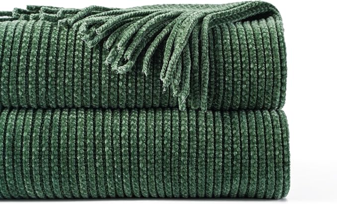 BATTILO HOME Dark Green Throw Blanket for Couch, 60"x80" | Soft Chenille Knit Throw Blanket with Tassels for Christmas Decor, Christmas Green Blanket for Bed Couch Cover