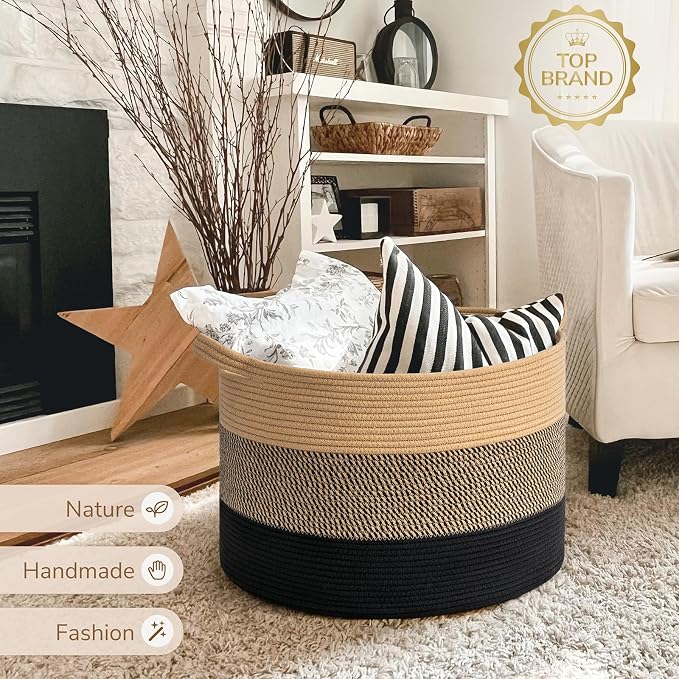 INDRESSME XXXLarge Woven Rope Blanket Basket Living Room, 90L | 21.7" x 13.8" Storage baskets for toys laundry & pillows. Fits living room, bedroom or nursery décor. Soft-touch with handles