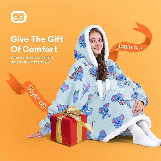 Giggling Getup Wearable Blanket Hoodie for Adults Gifts for Teen Girls Sister Women Sherpa Fleece Printed Hooded Blanket Sweatshirt Warm Cozy with Pocket & Sleeves Sky Blue Koala