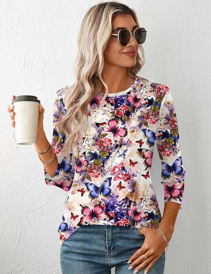 LOMON 3/4 Length Sleeve Womens Tops Spring Summer Fashion 2026 Tops Crew Neck Pleated Shirts Tunic Top Loose Fit
