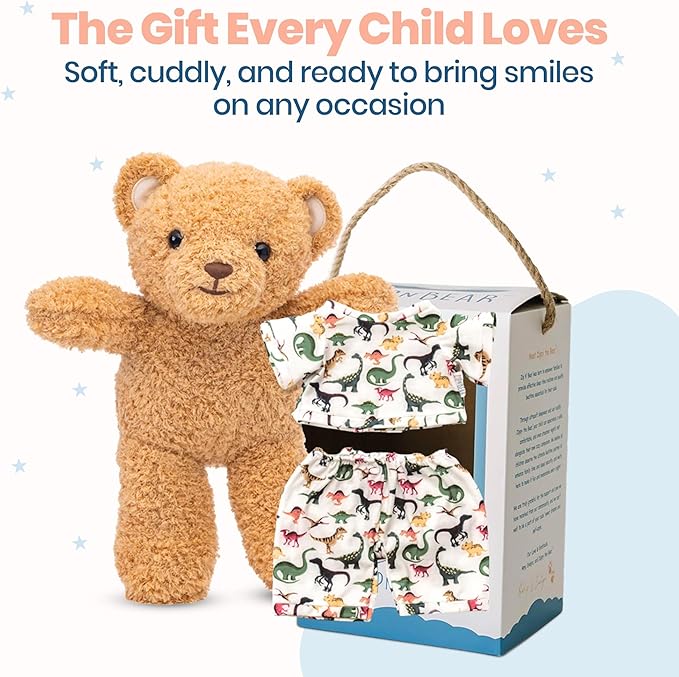 Zip N' Bear Soft Plush Teddy Bear Stuffed Animal with Dino Dreamers Pajamas - Zippy The Bear Cute Cuddly Plush Toy, Perfect Sensory Teddy for Kids, Toddlers - Adorable Gift & Bedtime Companion