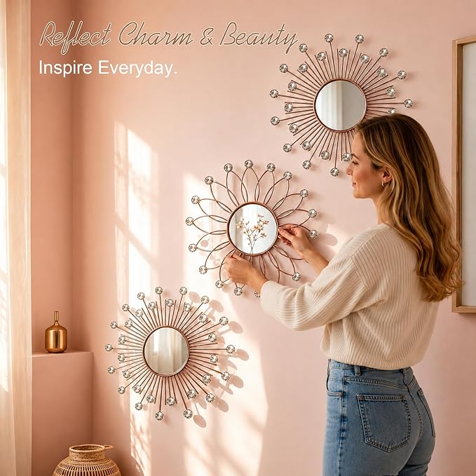 3 Pack Metal Mirrors for Wall Sunburst Wall Mirrors Home Décor Decorative Hanging Wall Art for Living Room Bedroom Entryway (Rose Gold2 Crystal, Flower+Sunburst)