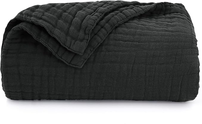 Love's cabin 100% Cotton Muslin Blanket, 6 Layer Lightweight Breathable Gauze Queen Size Blanket 90 x 90 Inches, Soft All Season Blanket for Bed, Black