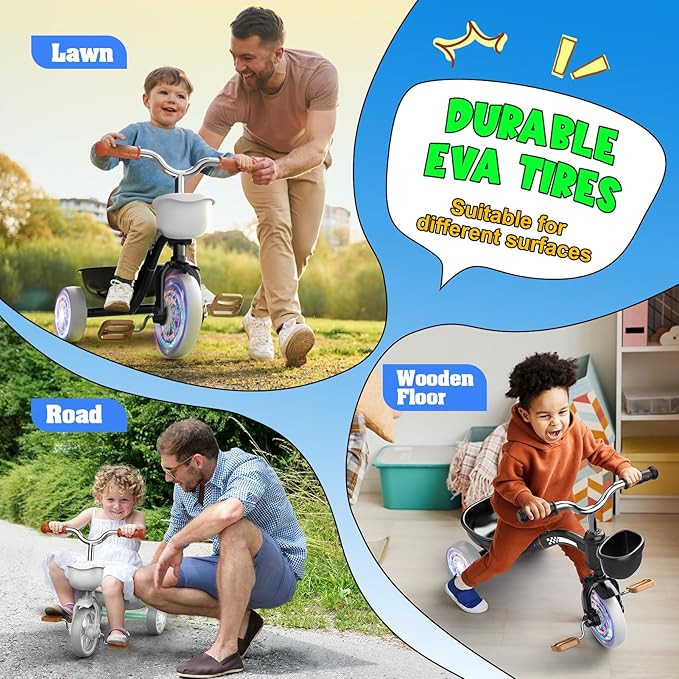 Toddler Tricycle for 1-3 3-4 Year Olds, Toddler Baby Bike, 2 3 4 Year Old Boys Girls Birthday Gifts, Outdoor Riding Toys for Ages 2-4, 3-Level Adjustable Seat, 3 Color Light Wheels, 2 Baskets