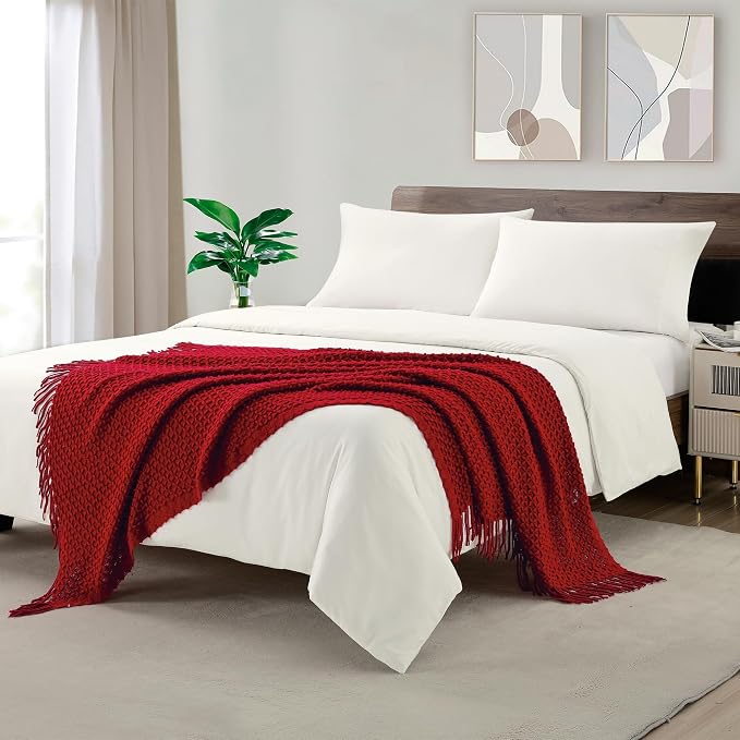 CREVENT Farmhouse Boho Knitted Throw Blanket for Couch Sofa Chair Bed Home Decoration, Soft Warm Cozy Light Weight for Spring Summer Fall (50''X60'' Christmas Red)