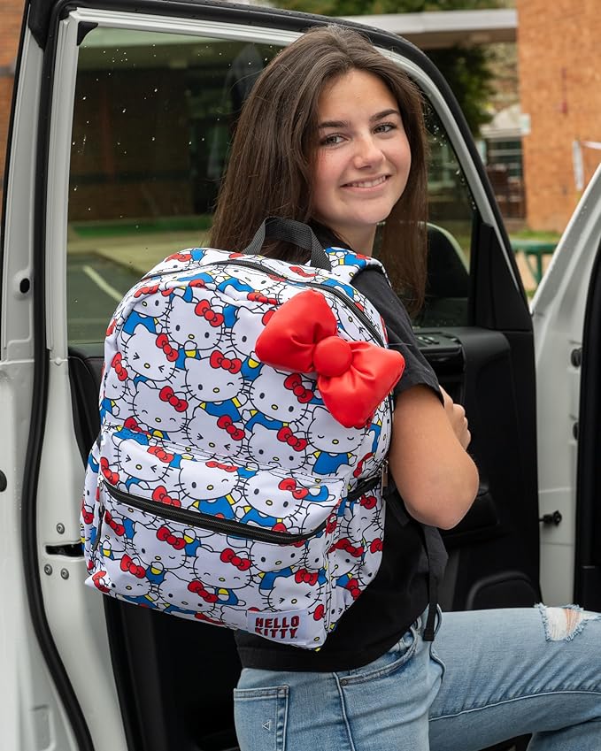 AI ACCESSORY INNOVATIONS Hello Kitty Kawaii Backpack, 16” Allover Print with 3D Iconic Hello Kitty Bow