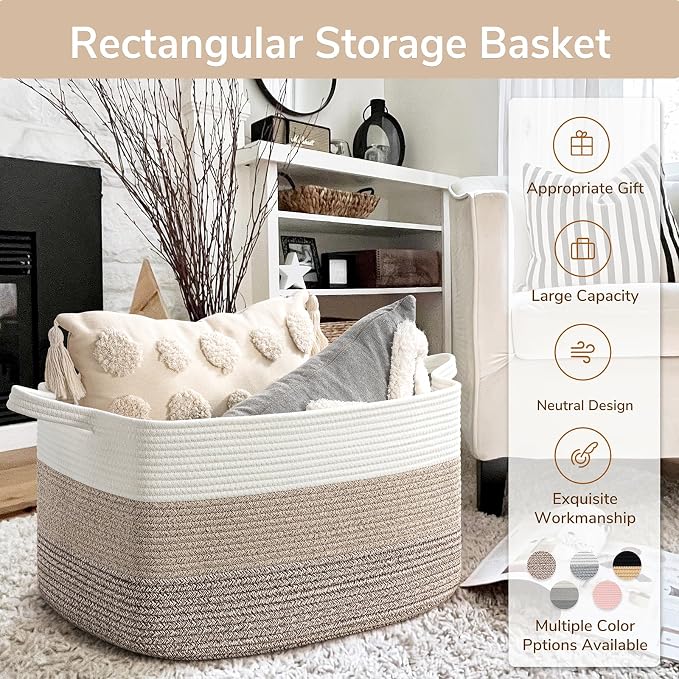 Goodpick Large Woven Rope Blanket Basket, Rectangle, Light Brown | 21.6'' x 14.9'' x 11.8'' Storage Basket for Toys, Blankets & Clothes, Living Room & Nursery Organization, Reinforced Handles