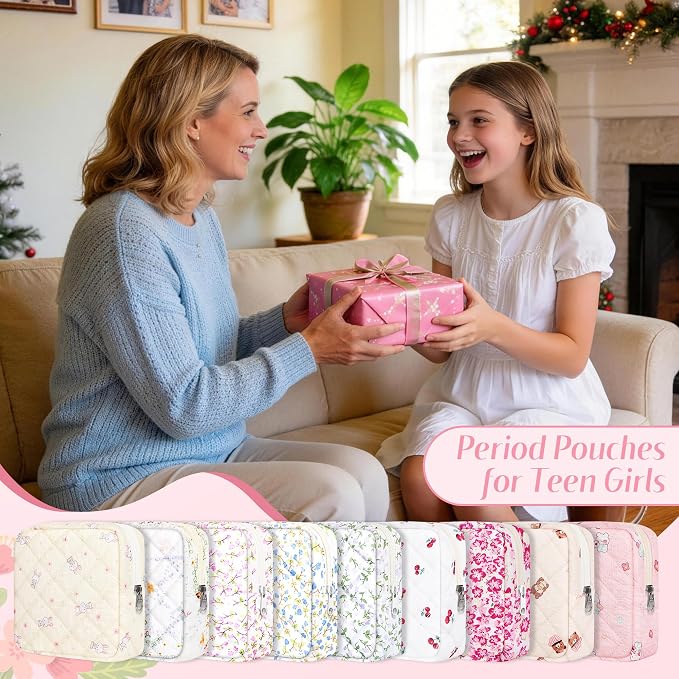 Likesing Quilted Period Bag, Period Pouches for Teen Girls Womens, Portable Floral Print Sanitary Napkin Storage Bag Feminine Emergency Tampon Pad Pouch(Red Floral)