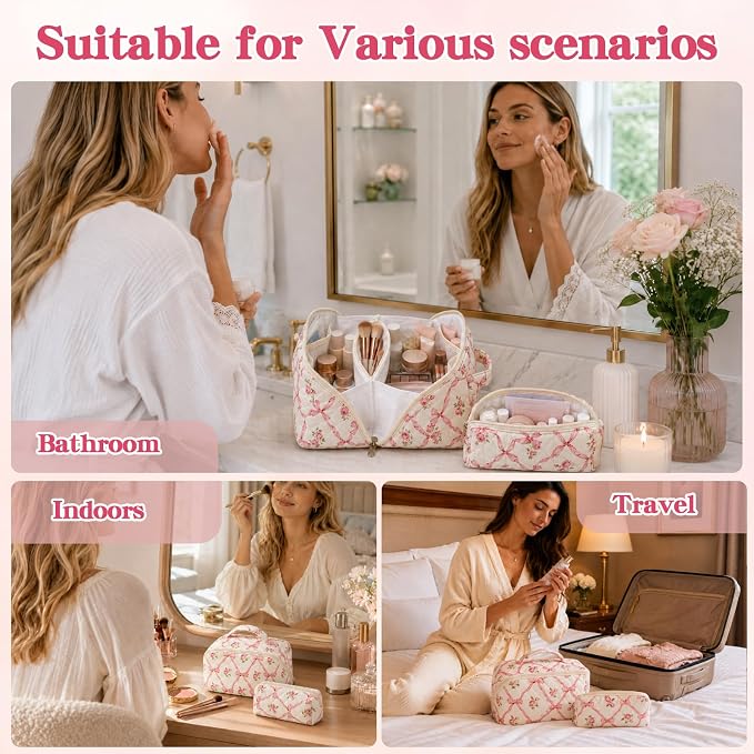 Travel Makeup Bag for Women,Large Capacity Quilted Cosmetic bag, 2PCS Make up Bag Set Open Flat Toiletry Bag for Skincare, Brushes & Travel Essentials (Pink)