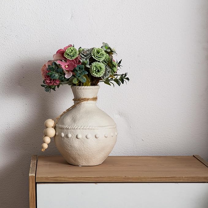 Mowtanco Rustic Ceramic Vase with Boho Wooden Beads, Matte Decorative Pottery for Modern Farmhouse and Bohemian Decor, Floral Arrangements, Living Room, Dining Table Centerpieces