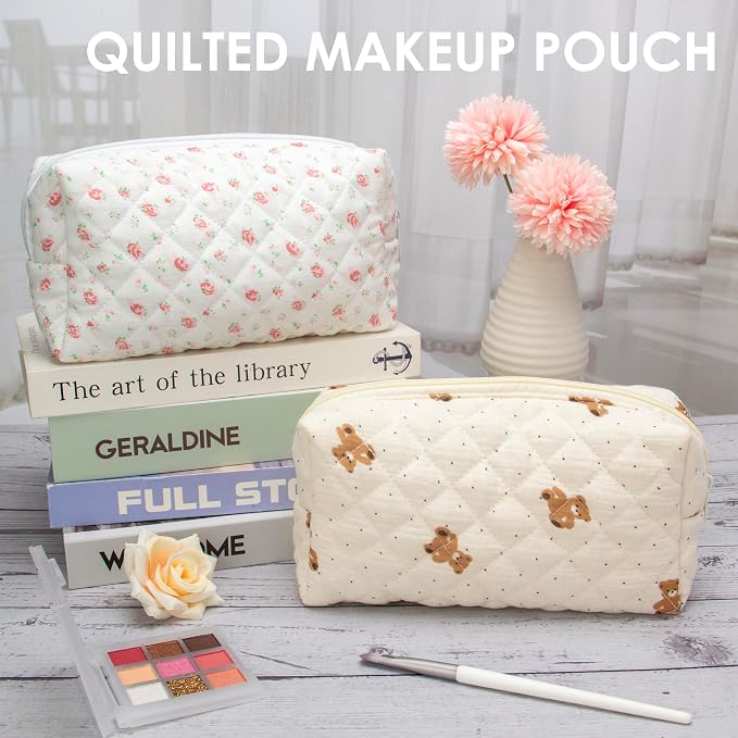 PAZIMIIK Small Quilted Makeup Bag,Zipper Cosmetic Pouch,Gauze Bear | Lightweight Cosmetic Bag Organizer for Women,Purse Storage Holds Makeup,Toiletries,Skincare,Beauty Essentials,Travel Items