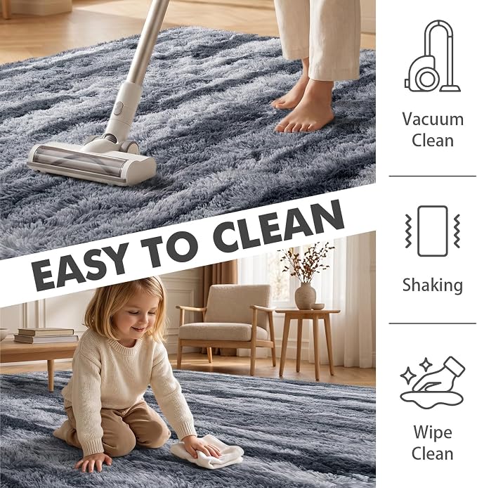 8x10 Ft Extra Large Shag Rugs for Living Room, Tie Dyed Ultra Soft Fluffy Furry Area Rugs for Bedroom Indoor Floor, Aesthetic Carpet for Kids Home Decor (Grey)