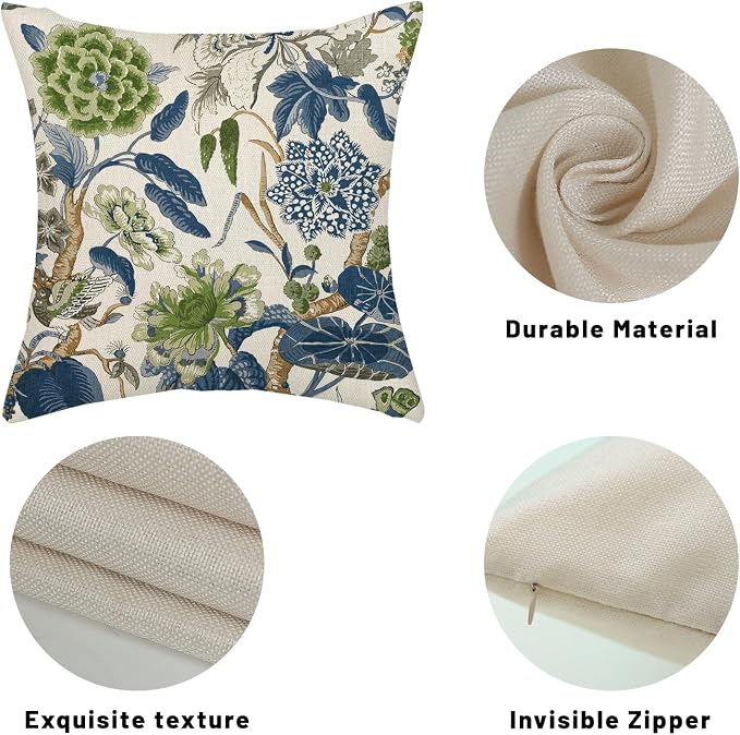 Green Navy Blue Pillow Covers 18x18 Inch Set of 2 Vintage Blue Floral Throw Pillows Chinoiserie Flower Decorative Pillow Case Outdoor Linen Farmhouse Cushion Cover for Couch Sofa Decorations