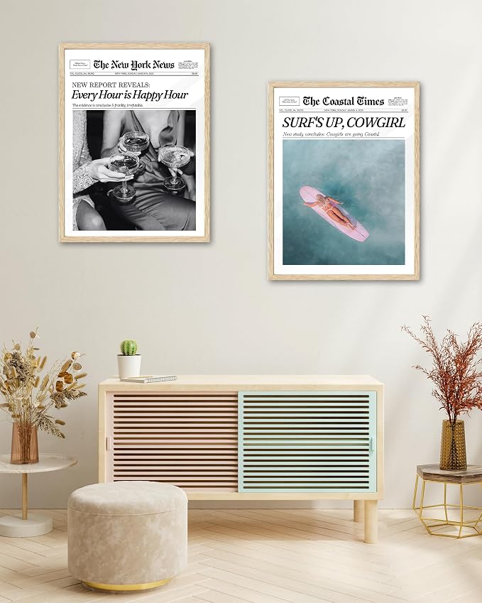 iHery Small 8x10in Surf’s Up Cowgirl Framed Newspaper Wall Art | Natural OAK Wood Frame with Canvas Print, Coastal Western Decor for Bedroom, Girl Dorm, Living Room and Bar Cart, 1Pack