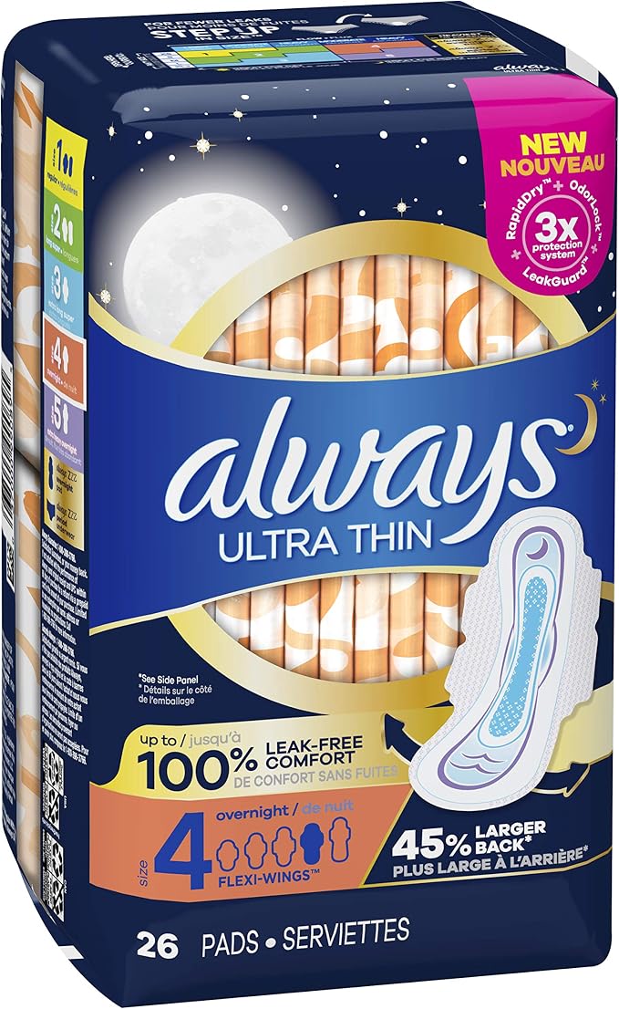 Always Ultra Thin Pads for Women, Size 4 Overnight Absorbency, Unscented with Wings, 26 Count (Pack of 2)