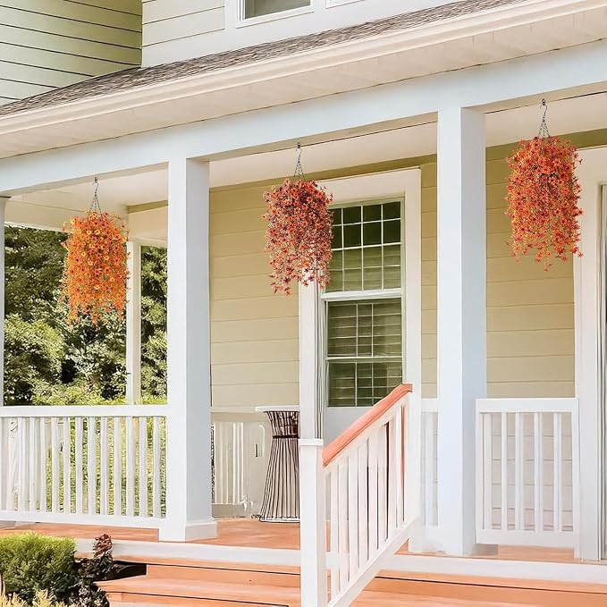 INQCMY Artificial Fake Hanging Flowers Plants for Outdoor Fall Decoration | 4PCS Faux Silk Daisy with Eucalyptus Leaves,UV Resistant Look Real for Outside Home Planter Porch Patio Yard Autumn Decor